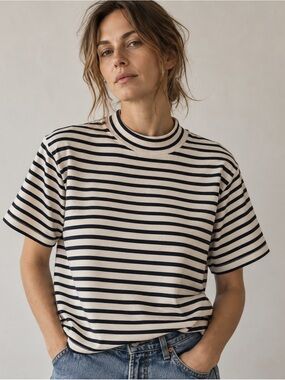 AYR Early Mornings Dime Knit Striped Mock Neck Tee M